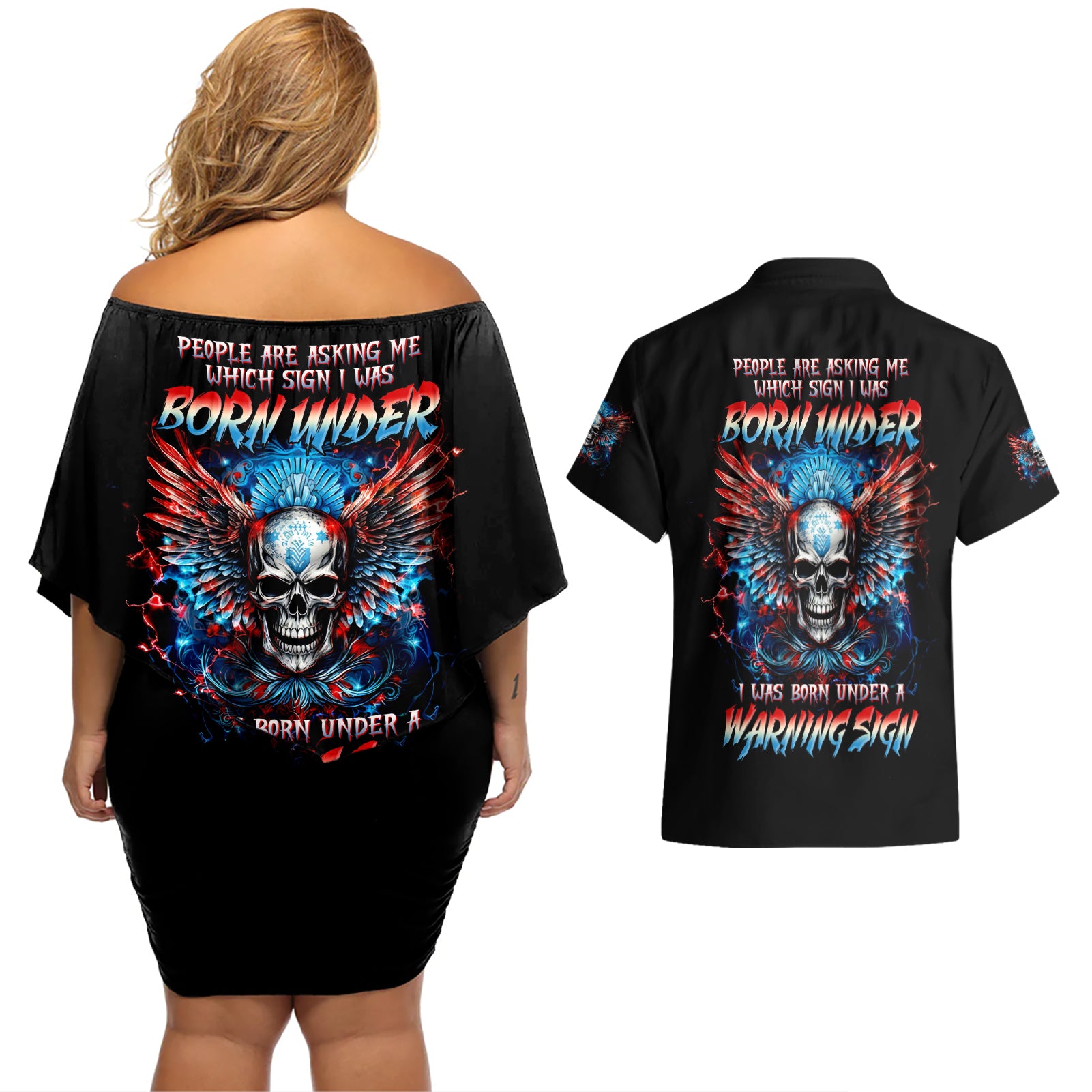 Wings Skull Couples Matching Off Shoulder Short Dress and Hawaiian Shirt People Are Asking Me Which Sign I was Born Under I Was Born Under A Warning Sigh - Wonder Print Shop