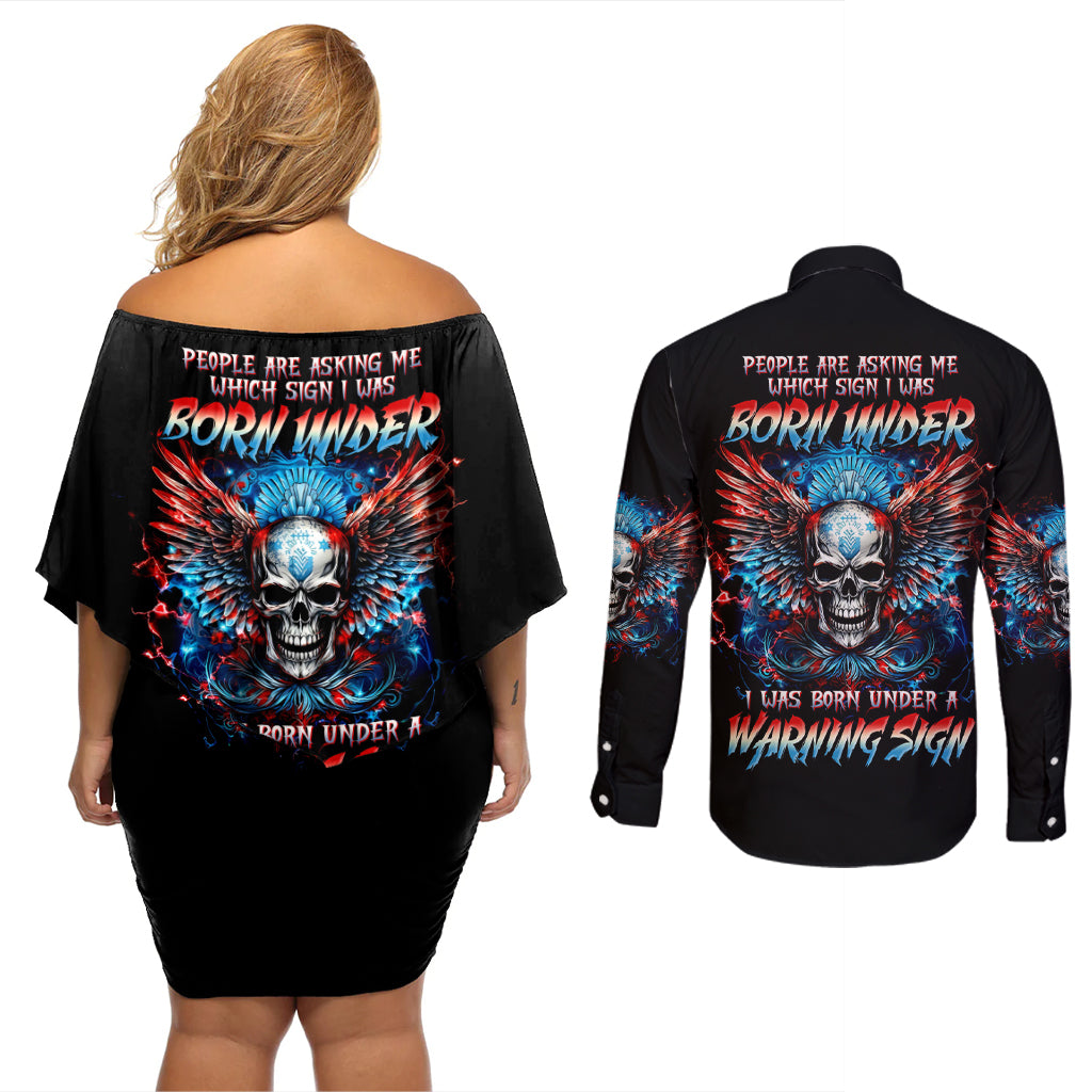 Wings Skull Couples Matching Off Shoulder Short Dress and Long Sleeve Button Shirt People Are Asking Me Which Sign I was Born Under I Was Born Under A Warning Sigh - Wonder Print Shop