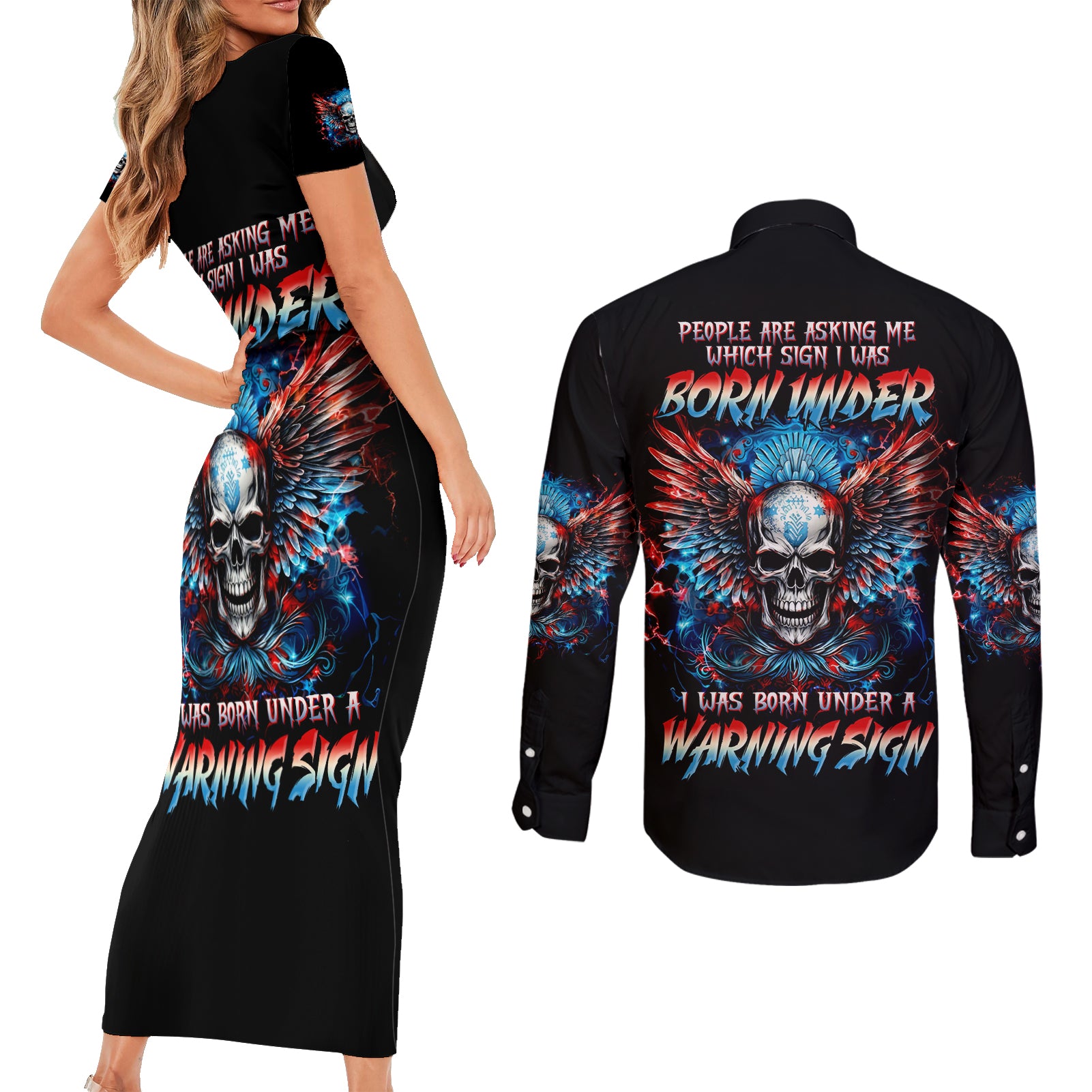 Wings Skull Couples Matching Short Sleeve Bodycon Dress and Long Sleeve Button Shirt People Are Asking Me Which Sign I was Born Under I Was Born Under A Warning Sigh - Wonder Print Shop