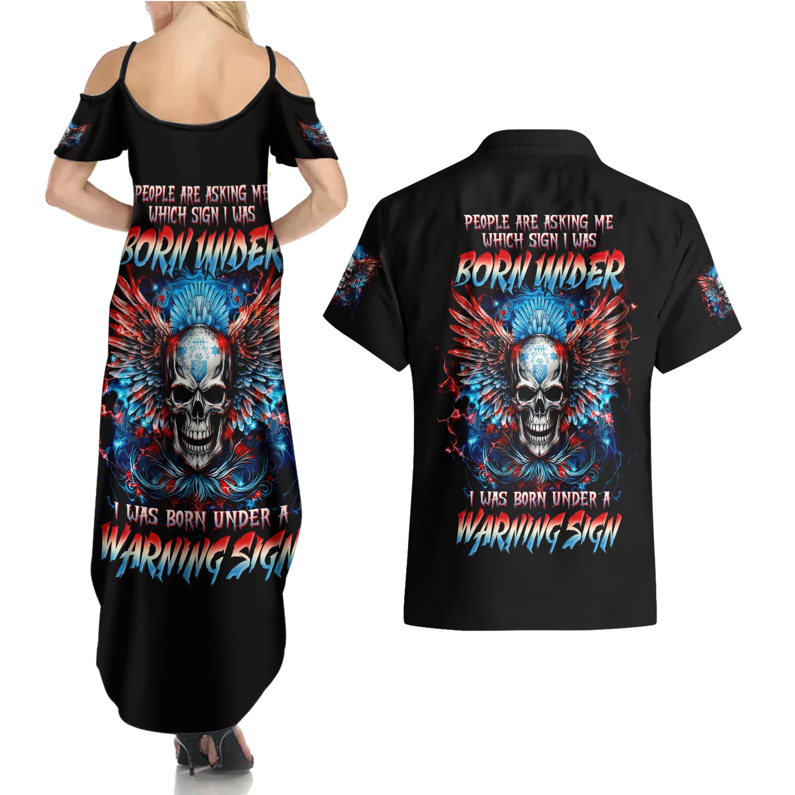 Wings Skull Couples Matching Summer Maxi Dress and Hawaiian Shirt People Are Asking Me Which Sign I was Born Under I Was Born Under A Warning Sigh - Wonder Print Shop