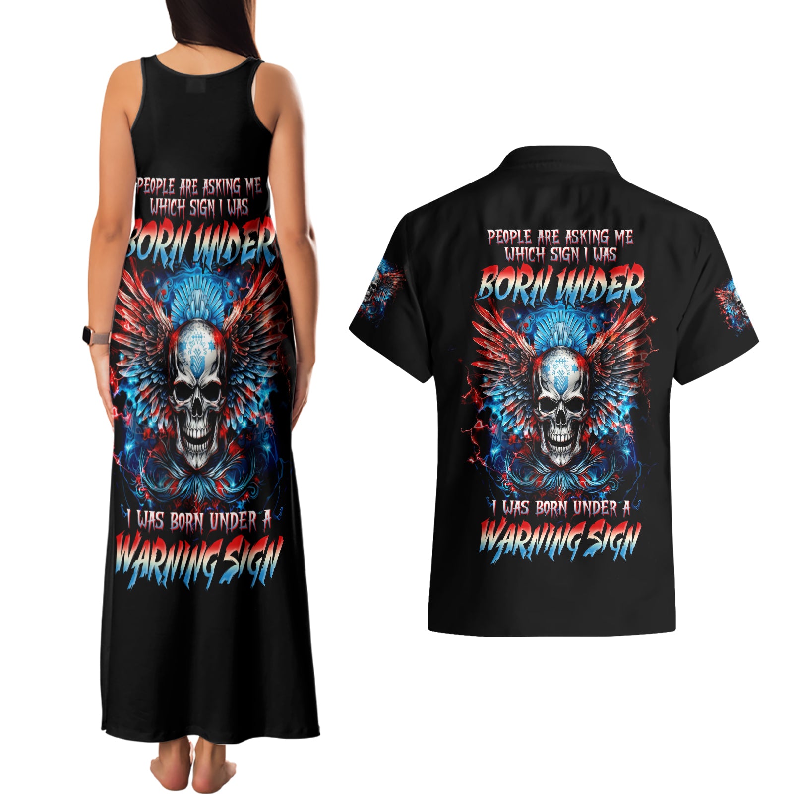 Wings Skull Couples Matching Tank Maxi Dress and Hawaiian Shirt People Are Asking Me Which Sign I was Born Under I Was Born Under A Warning Sigh - Wonder Print Shop