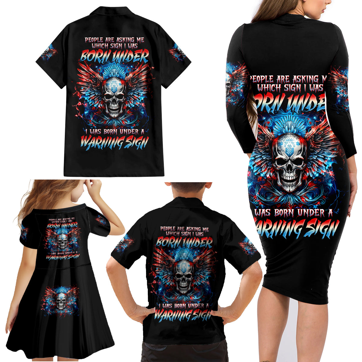 Wings Skull Family Matching Long Sleeve Bodycon Dress and Hawaiian Shirt People Are Asking Me Which Sign I was Born Under I Was Born Under A Warning Sigh - Wonder Print Shop