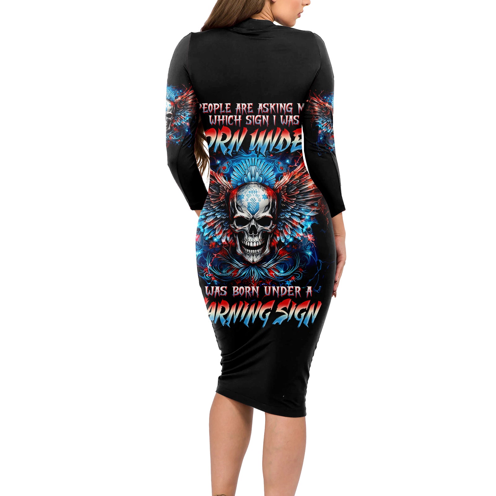 Wings Skull Long Sleeve Bodycon Dress People Are Asking Me Which Sign I was Born Under I Was Born Under A Warning Sigh - Wonder Print Shop