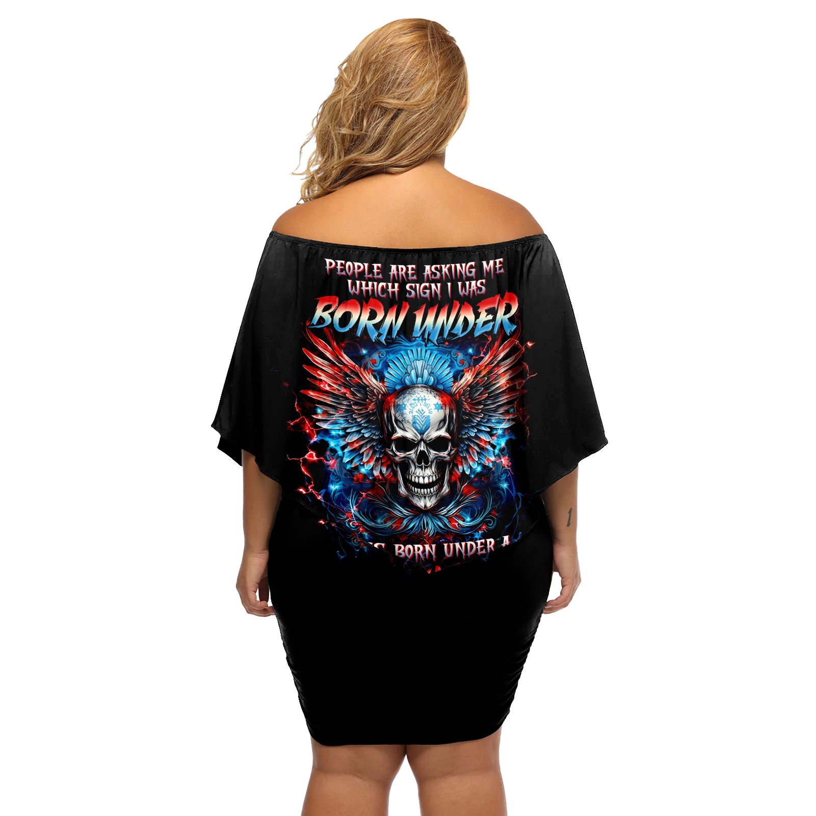 Wings Skull Off Shoulder Short Dress People Are Asking Me Which Sign I was Born Under I Was Born Under A Warning Sigh - Wonder Print Shop