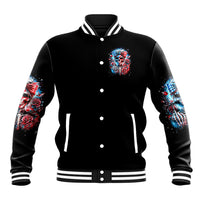 Black varsity jacket with button front, striped cuffs, and colorful skull chest patch