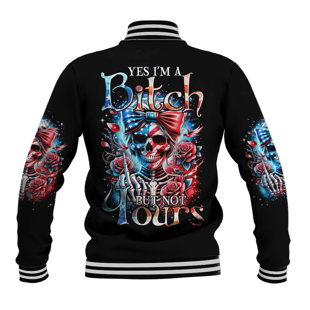 Black baseball jacket with striped ribbed collar and back skull-rose graphic