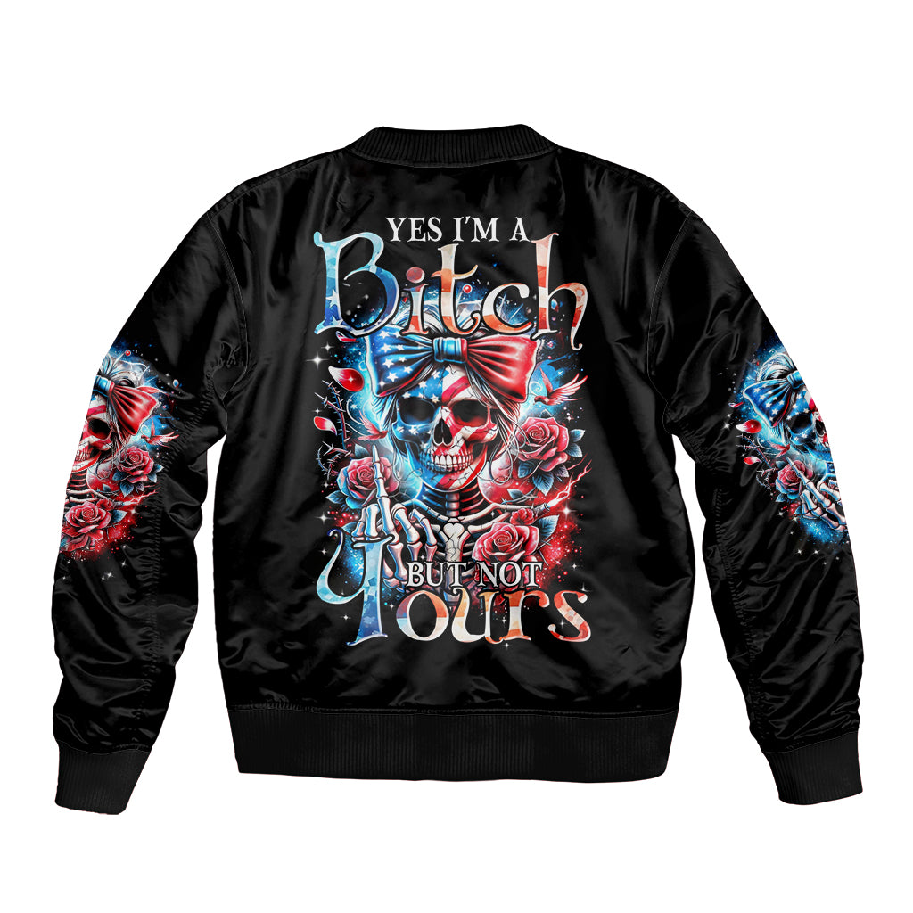 Black bomber jacket with ribbed collar, cuffs, and hem; large skull back graphic