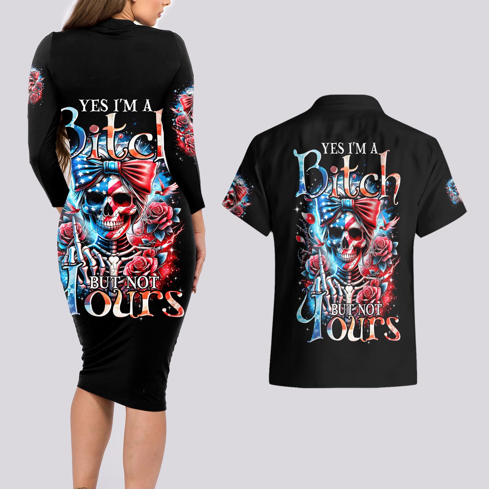 Lady Skull Couples Matching Long Sleeve Bodycon Dress and Hawaiian Shirt Yes I'm A Bitch But Not Your - Wonder Print Shop