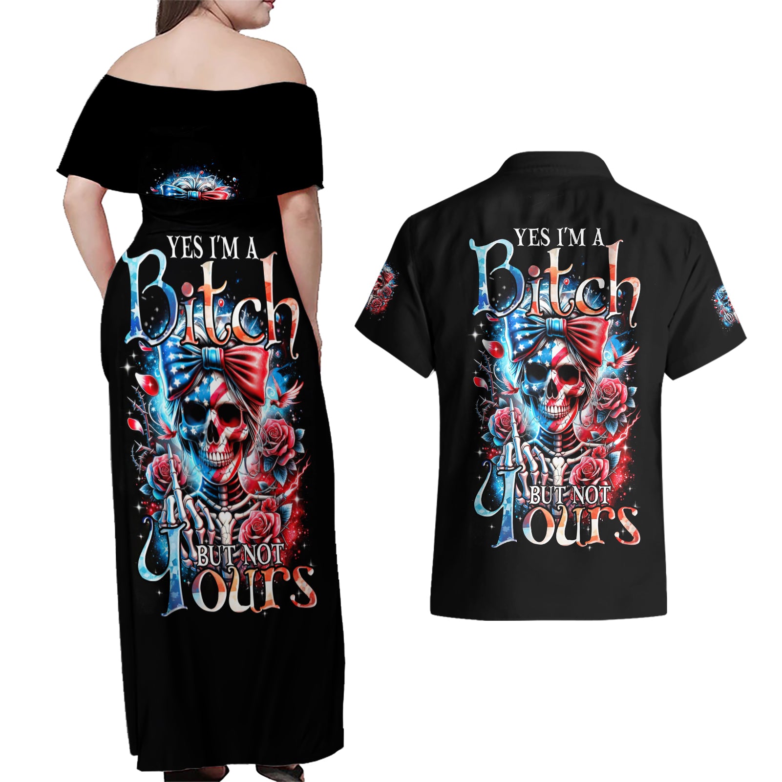 Lady Skull Couples Matching Off Shoulder Maxi Dress and Hawaiian Shirt Yes I'm A Bitch But Not Your - Wonder Print Shop