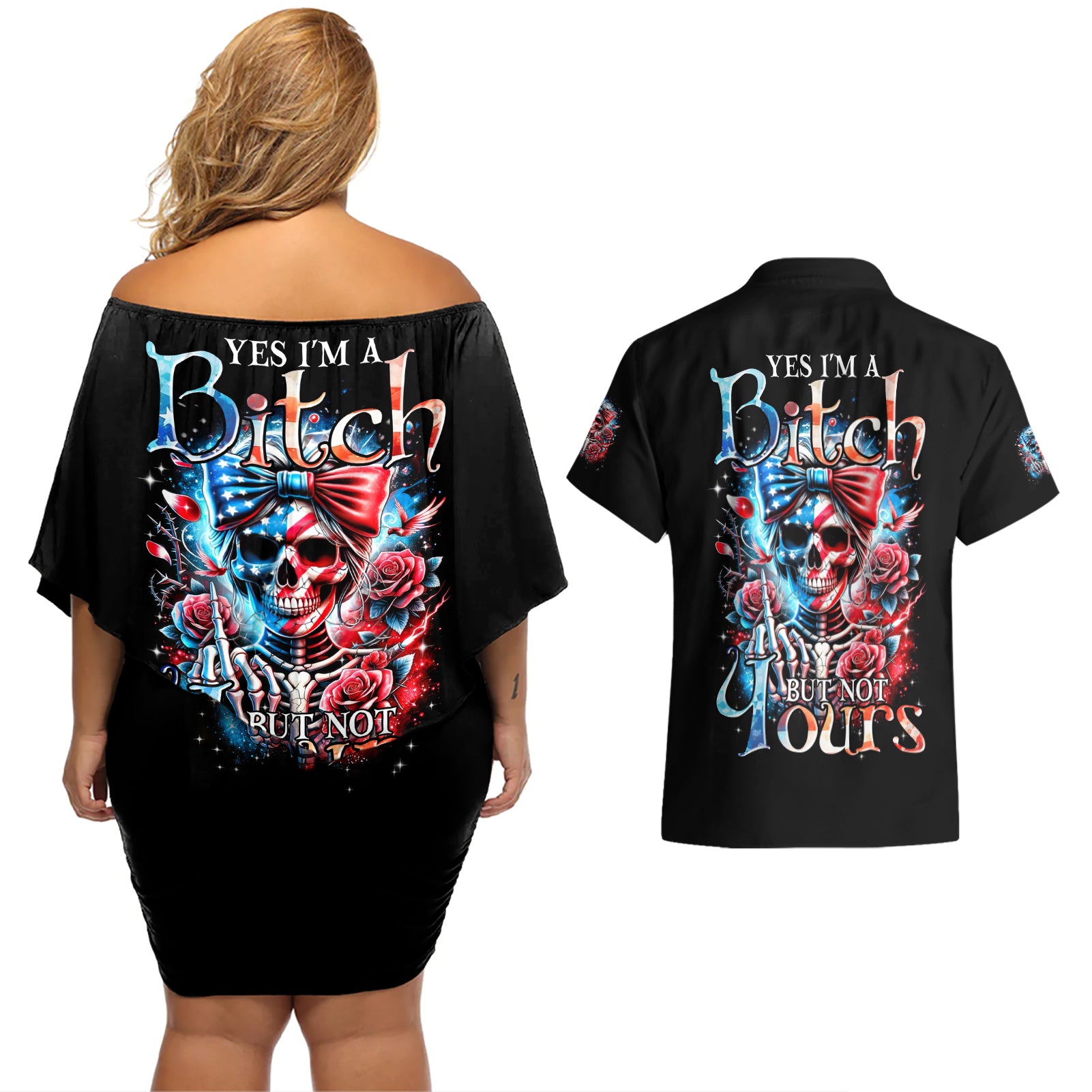 Lady Skull Couples Matching Off Shoulder Short Dress and Hawaiian Shirt Yes I'm A Bitch But Not Your - Wonder Print Shop