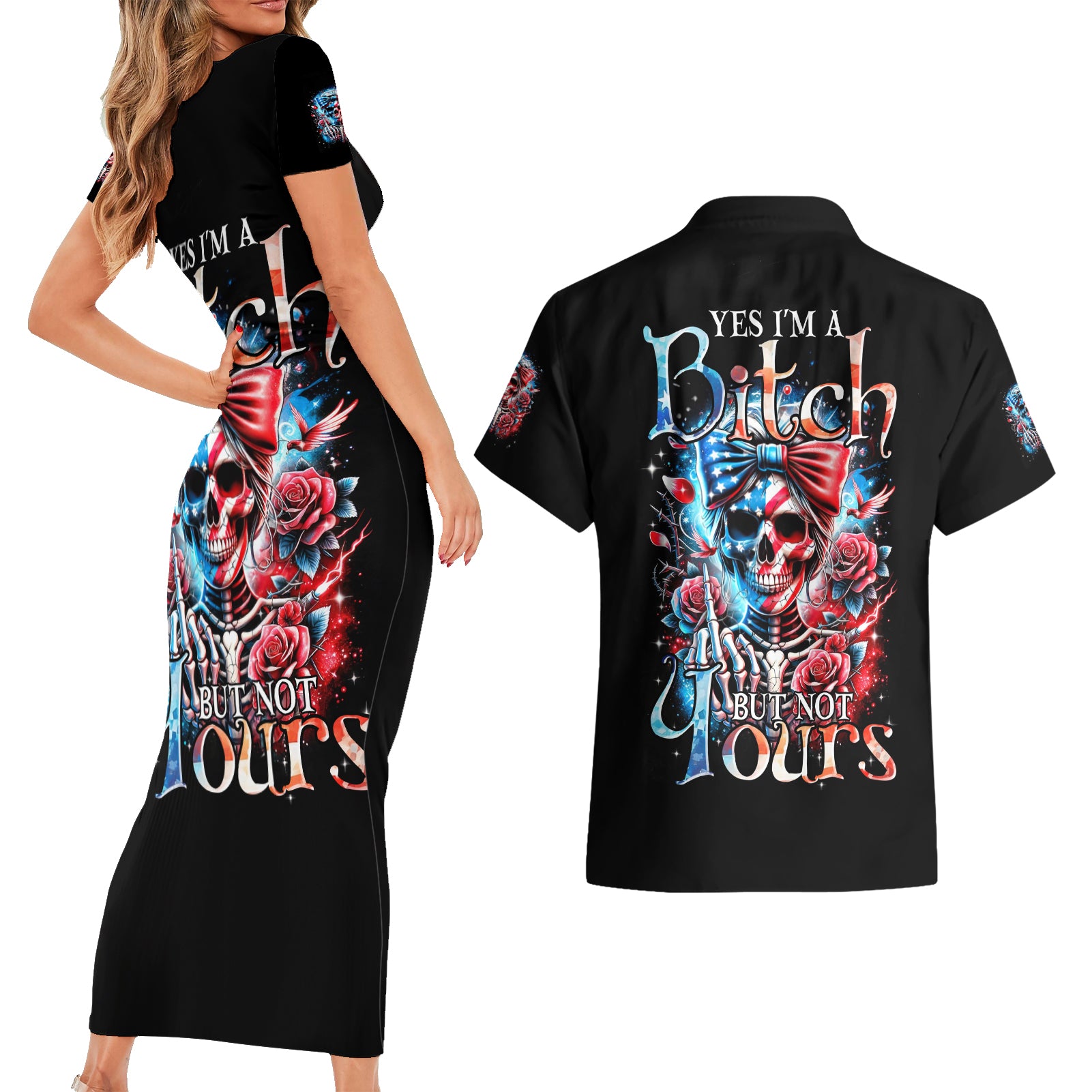 Lady Skull Couples Matching Short Sleeve Bodycon Dress and Hawaiian Shirt Yes I'm A Bitch But Not Your - Wonder Print Shop