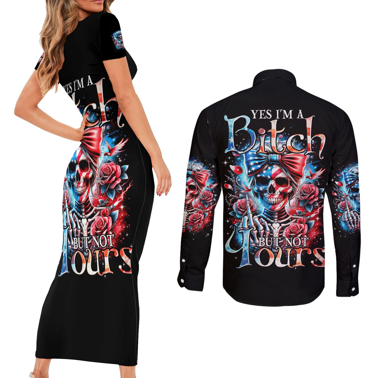 Lady Skull Couples Matching Short Sleeve Bodycon Dress and Long Sleeve Button Shirt Yes I'm A Bitch But Not Your - Wonder Print Shop