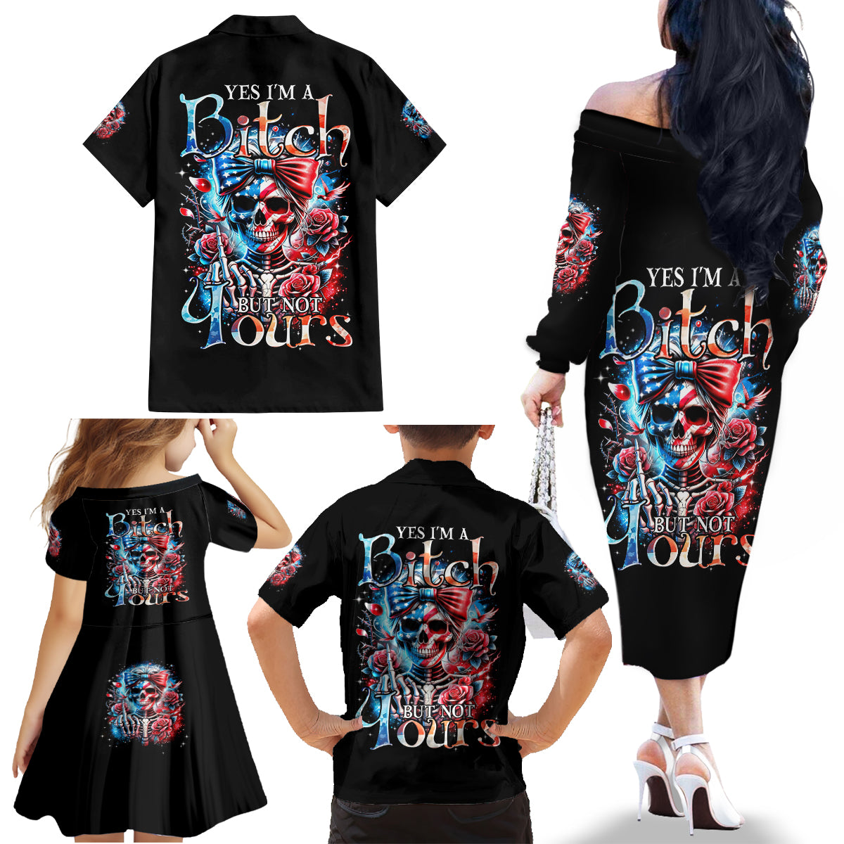 Lady Skull Family Matching Off The Shoulder Long Sleeve Dress and Hawaiian Shirt Yes I'm A Bitch But Not Your - Wonder Print Shop