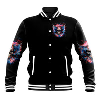 Black varsity baseball jacket, white-striped ribbed collar, button front, chest skull graphic.