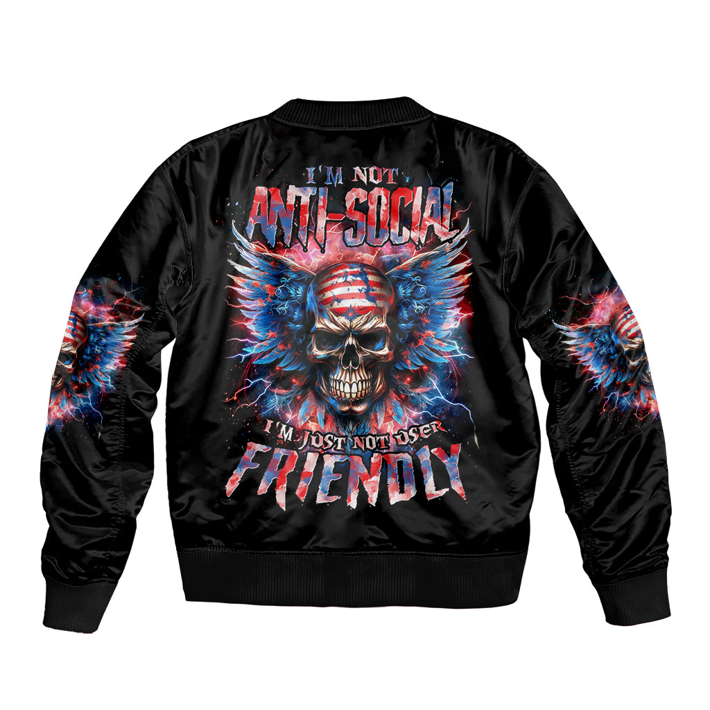 Black unisex bomber jacket with skull graphic and winged back print