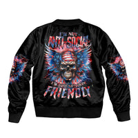 Black unisex bomber jacket with skull graphic and winged back print