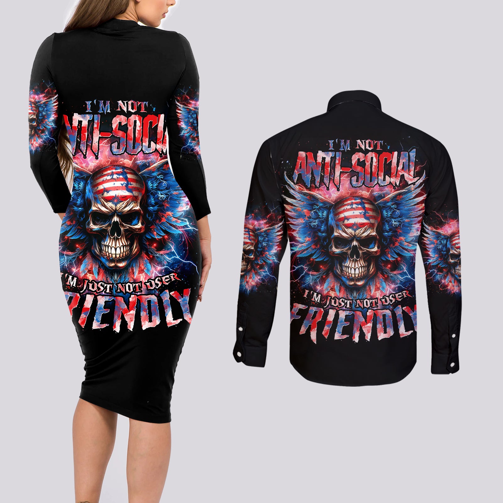 American Skull Couples Matching Long Sleeve Bodycon Dress and Long Sleeve Button Shirt I'm Not Anti Social I'm Just Not User Friendly - Wonder Print Shop