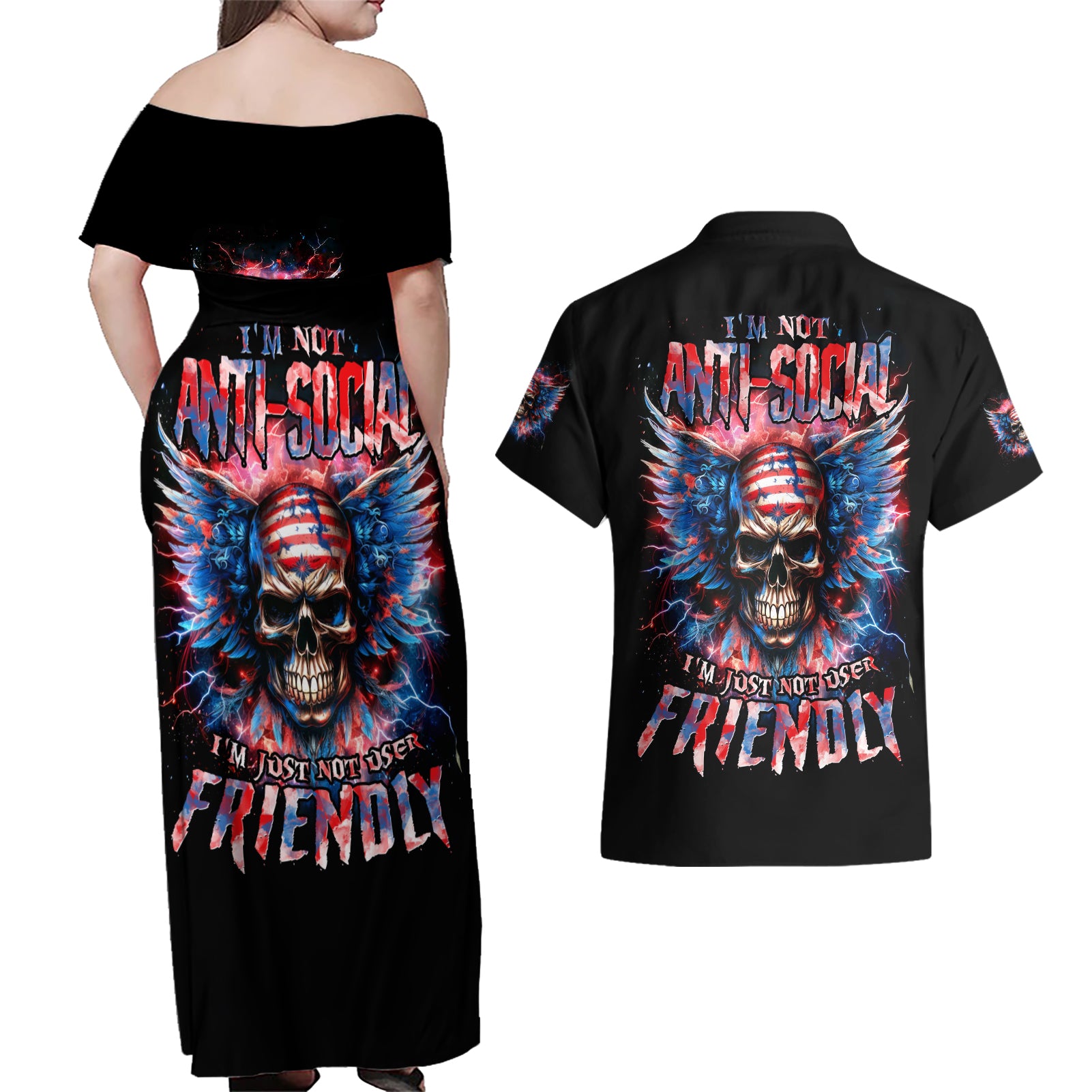 American Skull Couples Matching Off Shoulder Maxi Dress and Hawaiian Shirt I'm Not Anti Social I'm Just Not User Friendly - Wonder Print Shop