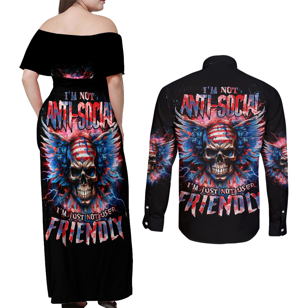 American Skull Couples Matching Off Shoulder Maxi Dress and Long Sleeve Button Shirt I'm Not Anti Social I'm Just Not User Friendly - Wonder Print Shop