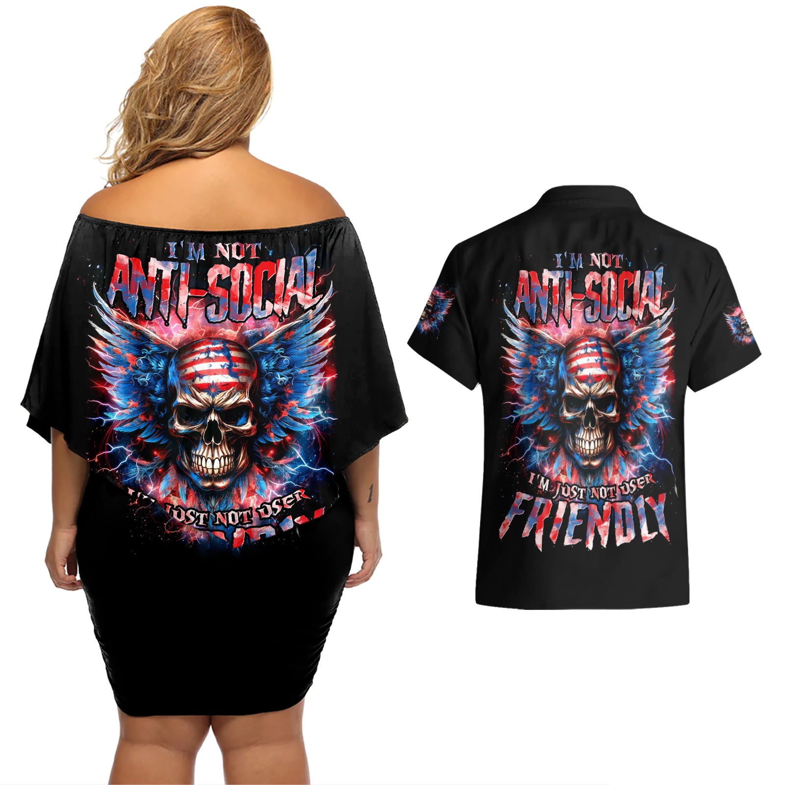 American Skull Couples Matching Off Shoulder Short Dress and Hawaiian Shirt I'm Not Anti Social I'm Just Not User Friendly - Wonder Print Shop