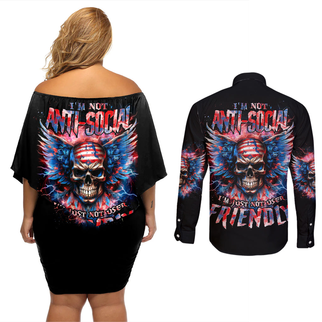 American Skull Couples Matching Off Shoulder Short Dress and Long Sleeve Button Shirt I'm Not Anti Social I'm Just Not User Friendly - Wonder Print Shop