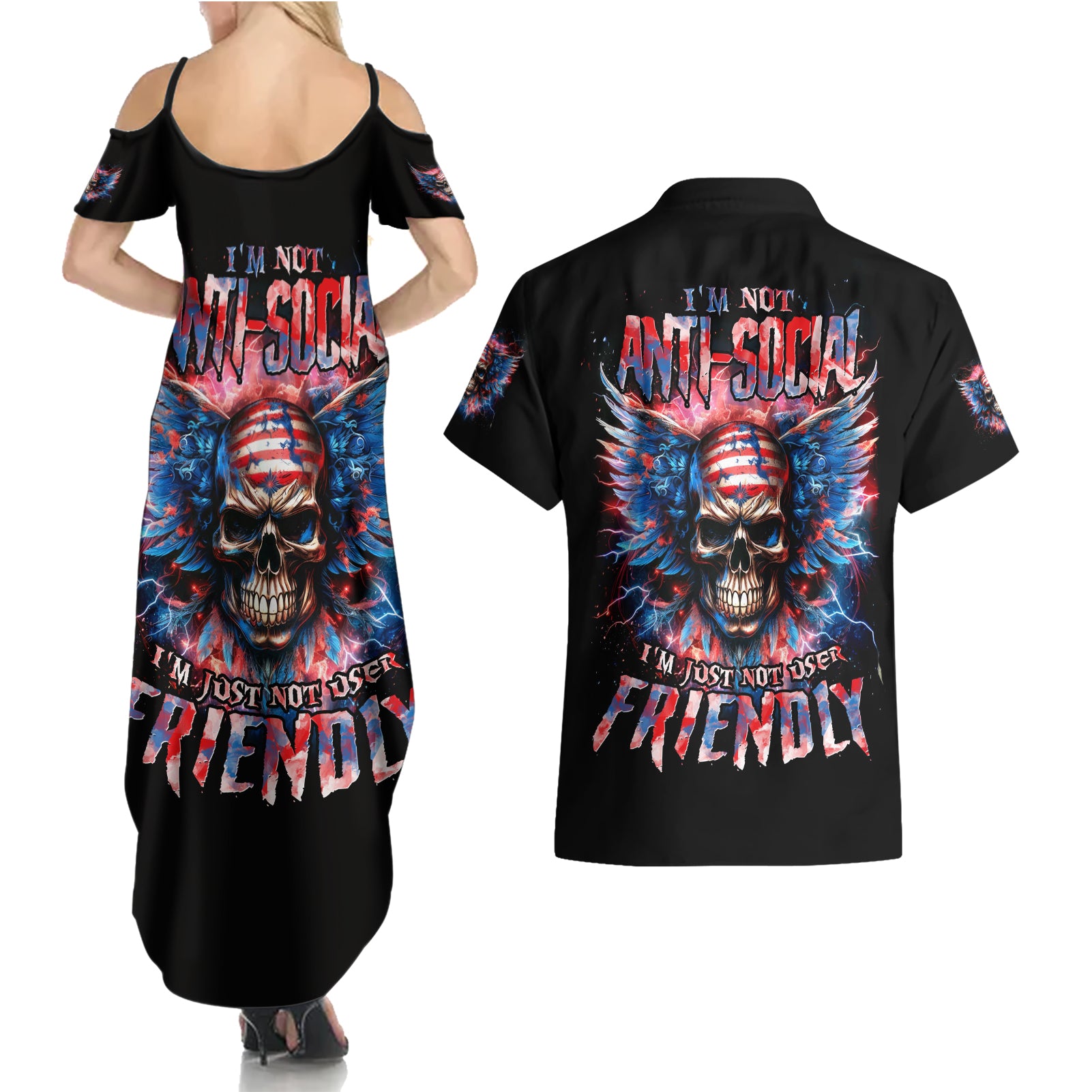 American Skull Couples Matching Summer Maxi Dress and Hawaiian Shirt I'm Not Anti Social I'm Just Not User Friendly - Wonder Print Shop