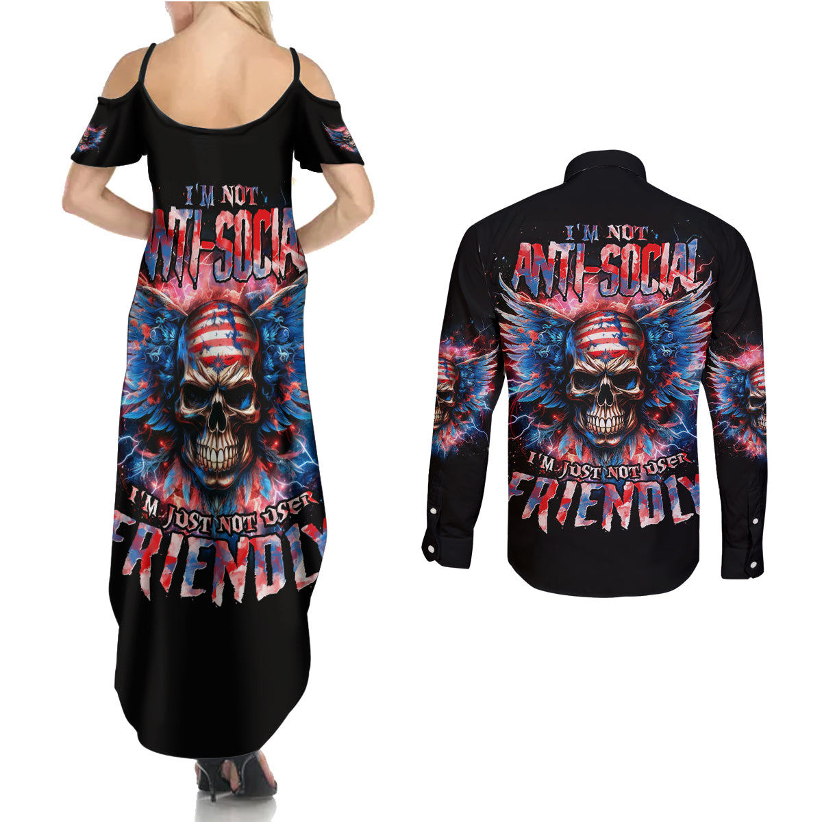 American Skull Couples Matching Summer Maxi Dress and Long Sleeve Button Shirt I'm Not Anti Social I'm Just Not User Friendly - Wonder Print Shop