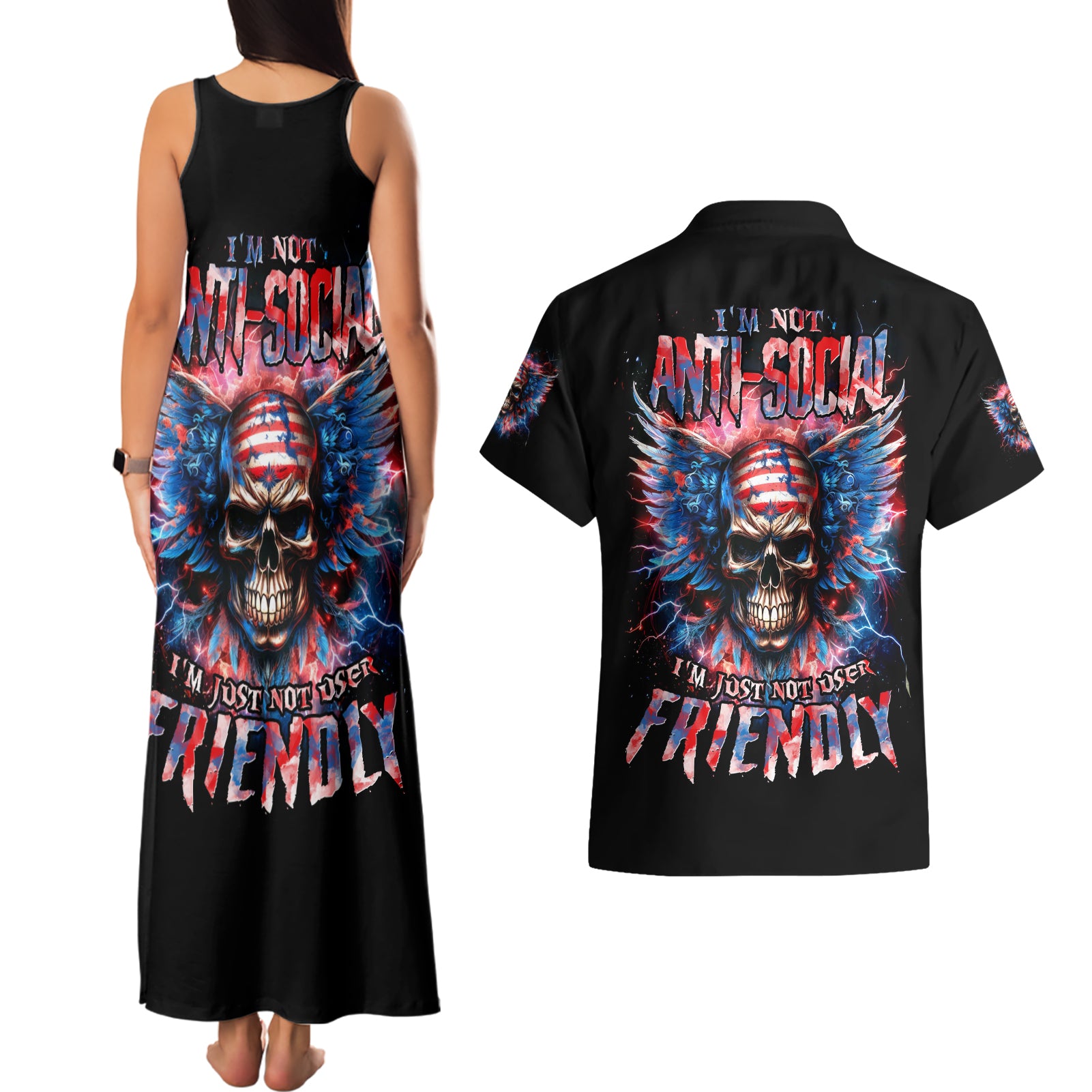 American Skull Couples Matching Tank Maxi Dress and Hawaiian Shirt I'm Not Anti Social I'm Just Not User Friendly - Wonder Print Shop