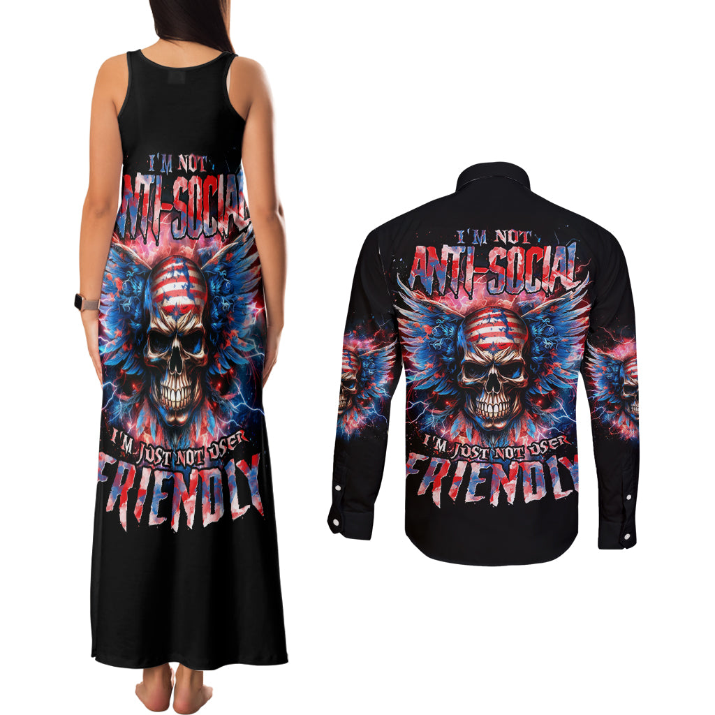 American Skull Couples Matching Tank Maxi Dress and Long Sleeve Button Shirt I'm Not Anti Social I'm Just Not User Friendly - Wonder Print Shop