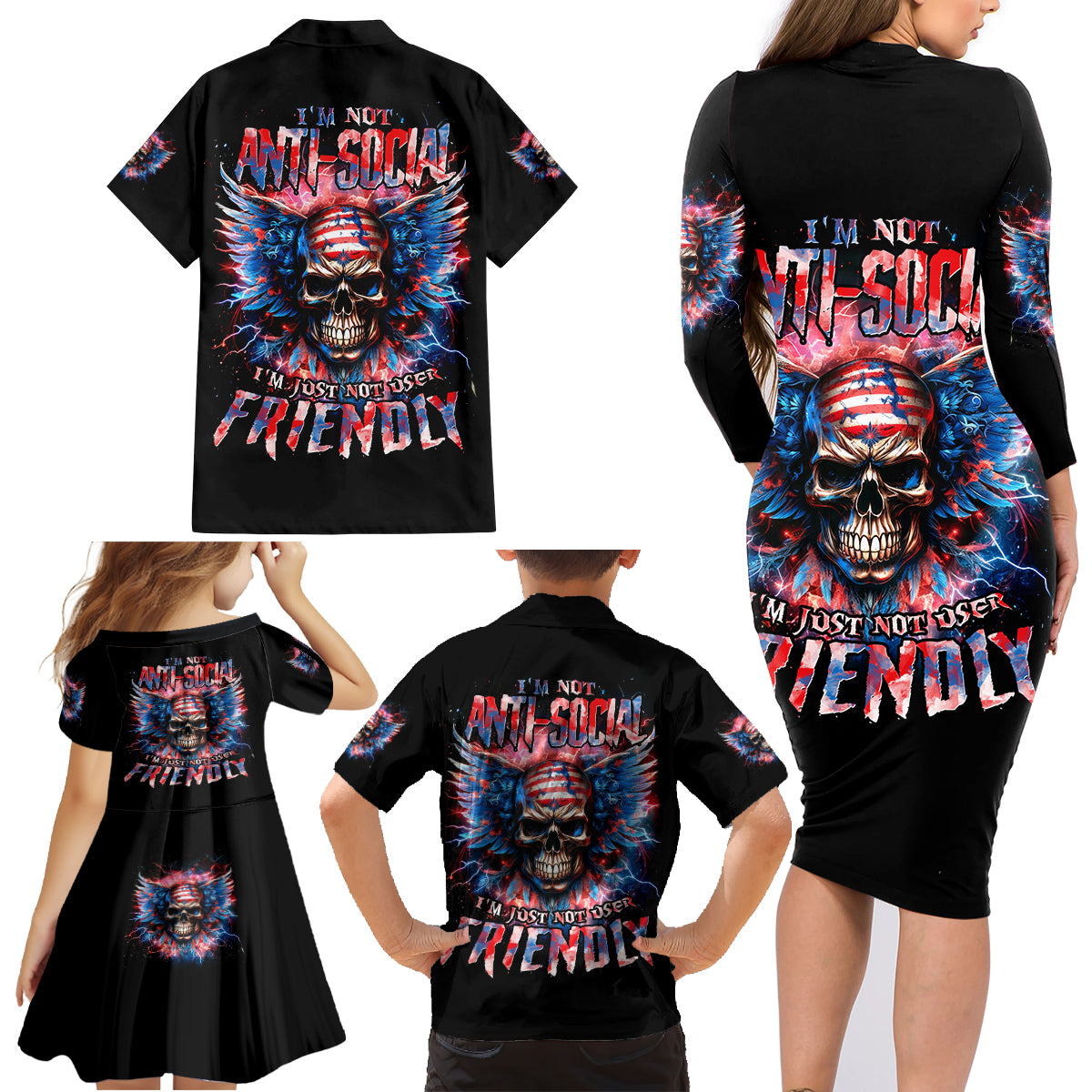 American Skull Family Matching Long Sleeve Bodycon Dress and Hawaiian Shirt I'm Not Anti Social I'm Just Not User Friendly - Wonder Print Shop