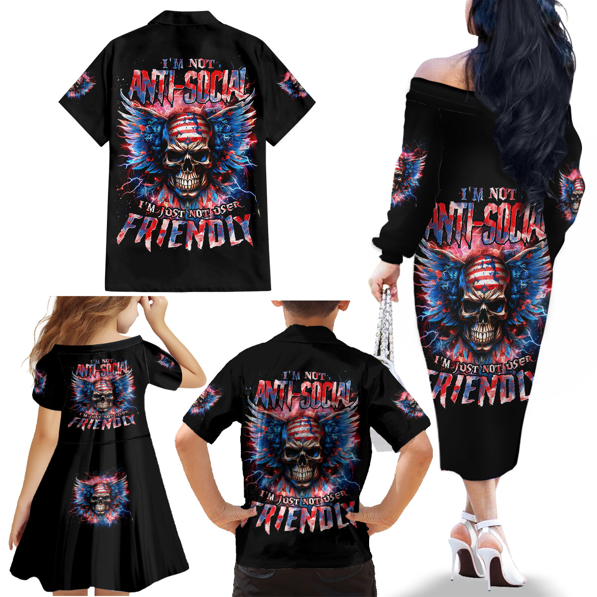 American Skull Family Matching Off The Shoulder Long Sleeve Dress and Hawaiian Shirt I'm Not Anti Social I'm Just Not User Friendly - Wonder Print Shop