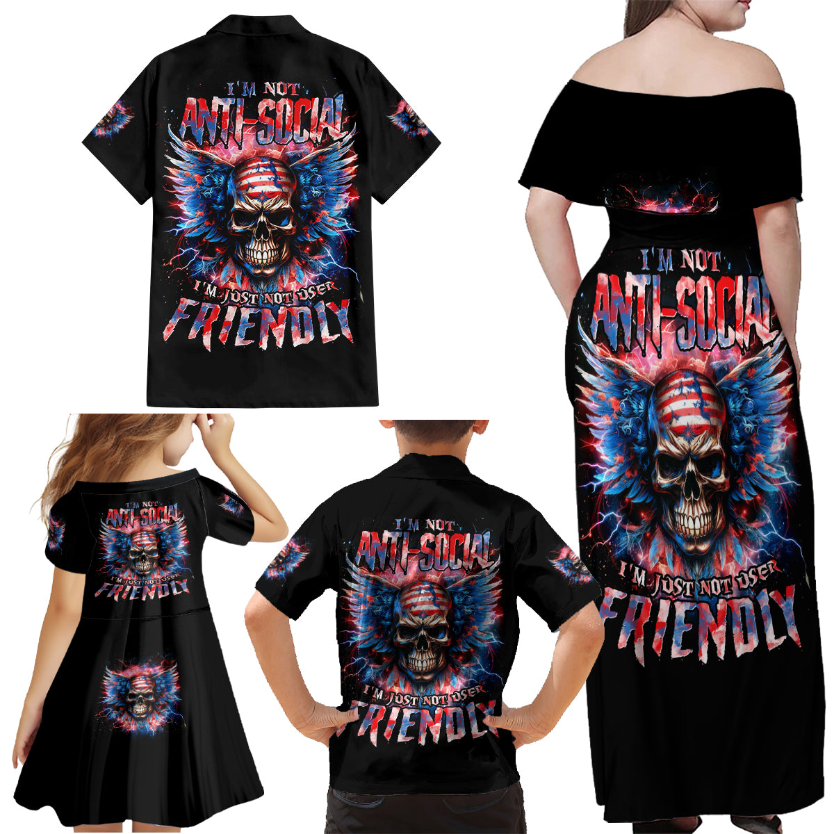 American Skull Family Matching Off Shoulder Maxi Dress and Hawaiian Shirt I'm Not Anti Social I'm Just Not User Friendly - Wonder Print Shop