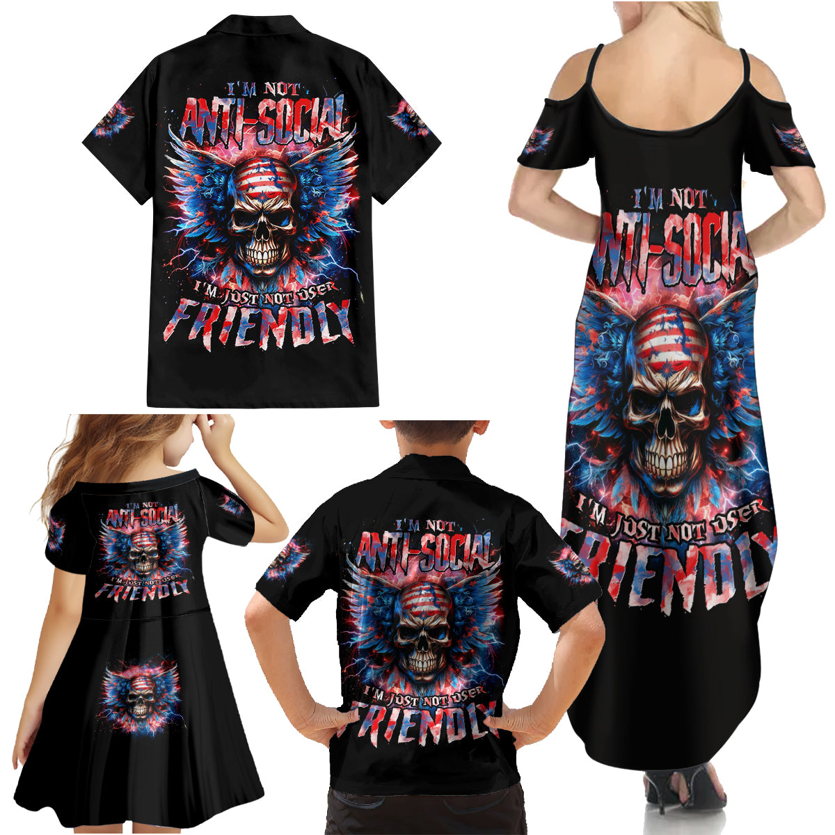 American Skull Family Matching Summer Maxi Dress and Hawaiian Shirt I'm Not Anti Social I'm Just Not User Friendly - Wonder Print Shop