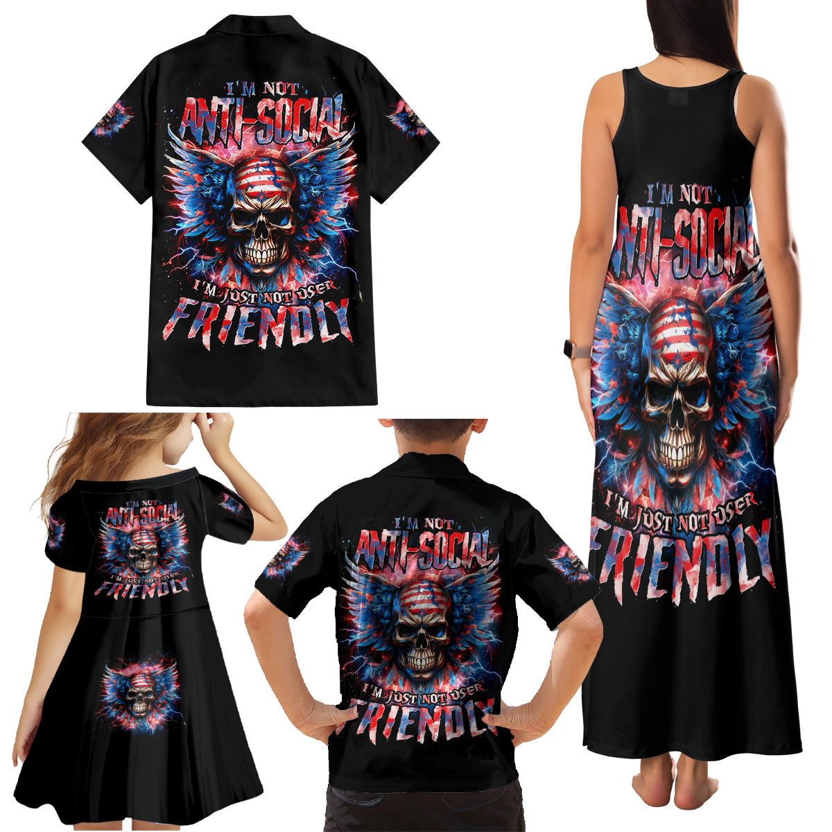 American Skull Family Matching Tank Maxi Dress and Hawaiian Shirt I'm Not Anti Social I'm Just Not User Friendly - Wonder Print Shop