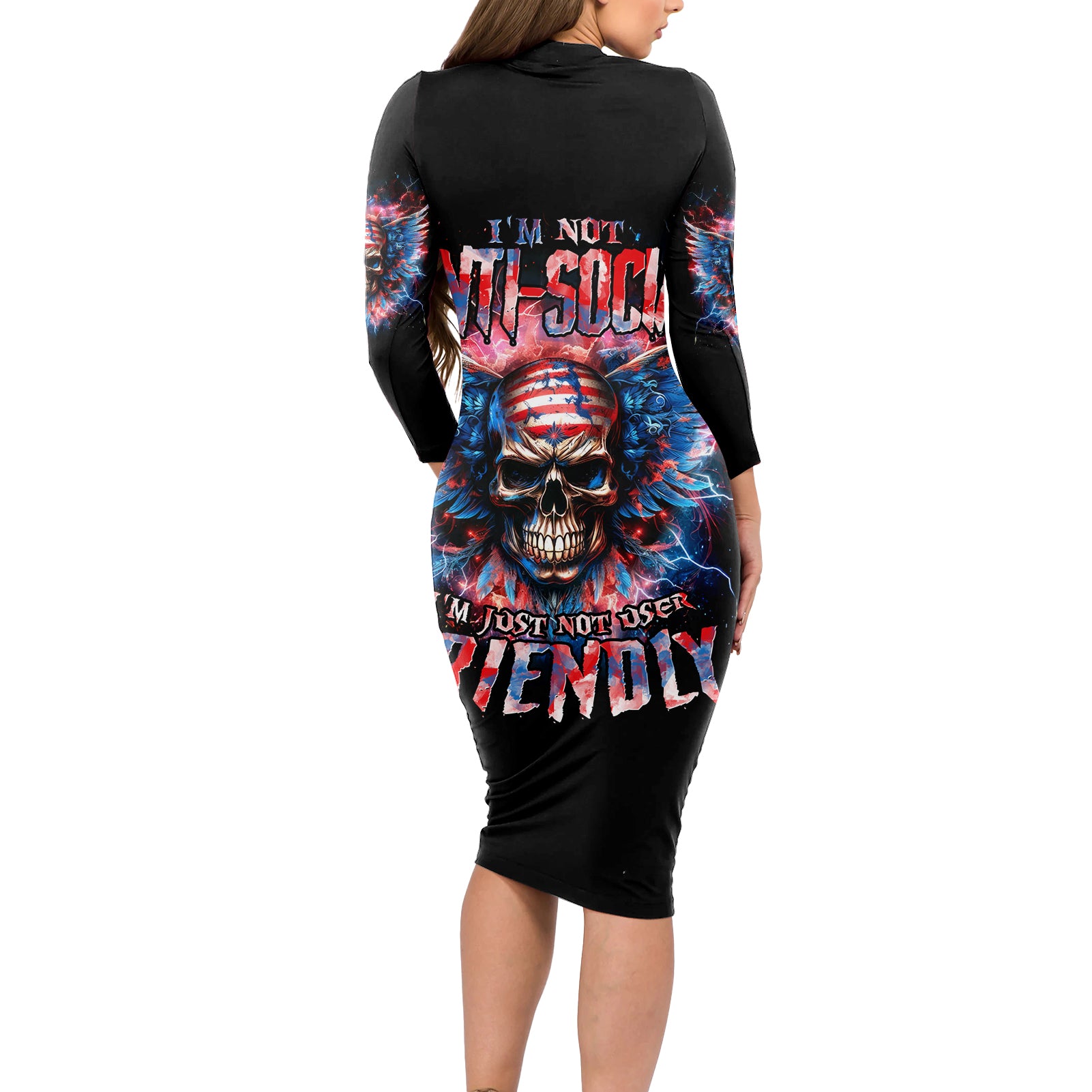 American Skull Long Sleeve Bodycon Dress I'm Not Anti Social I'm Just Not User Friendly - Wonder Print Shop