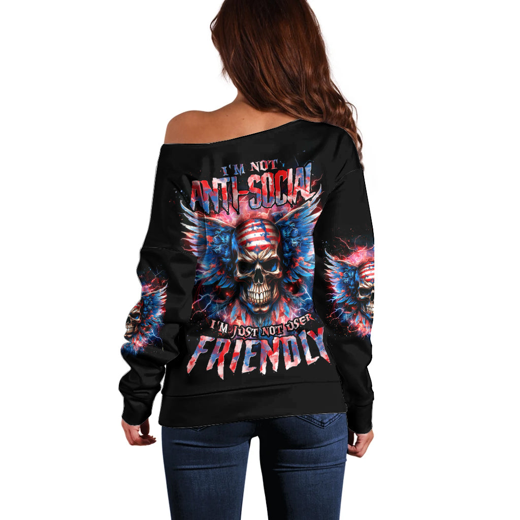 American Skull Off Shoulder Sweater I'm Not Anti Social I'm Just Not User Friendly - Wonder Print Shop