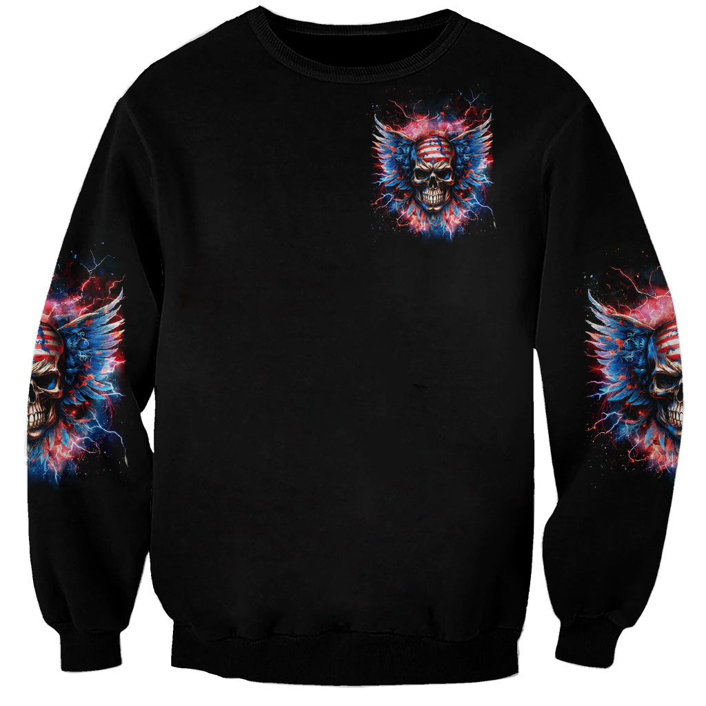 Black unisex sweatshirt with small skull-wings chest print and matching sleeve graphics