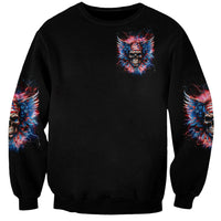 Black unisex sweatshirt with small skull-wings chest print and matching sleeve graphics
