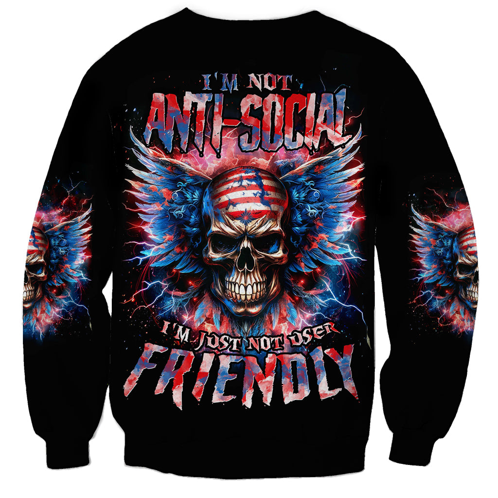 Black unisex sweatshirt with skull-and-wings graphic and bold anti-social text