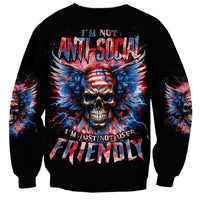 Black unisex sweatshirt with skull-and-wings graphic and bold anti-social text