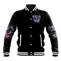 Black varsity baseball jacket with skull-and-roses chest graphic, striped cuffs