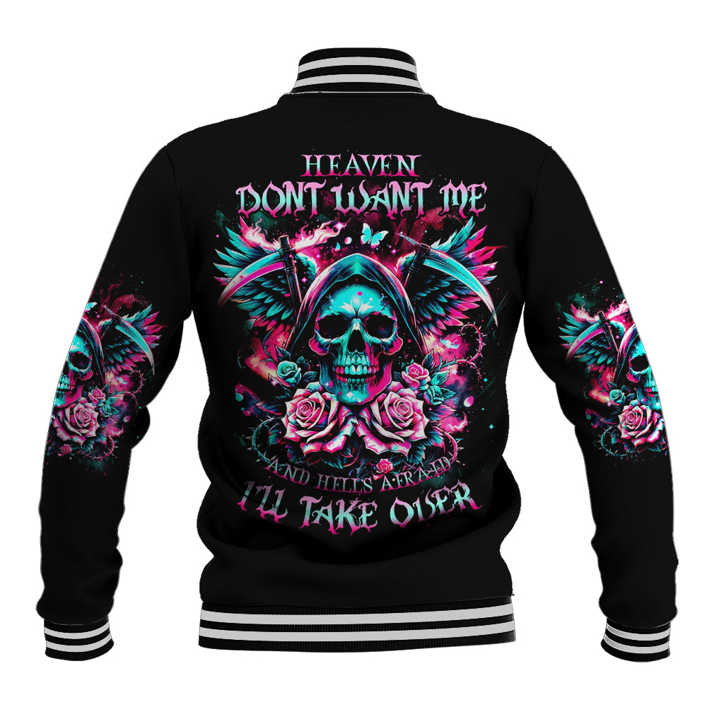 Black baseball jacket with rose skull graphic on back and striped rib trim