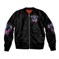 Black unisex bomber jacket, front zip-up with small skull graphic, ribbed waist and cuffs