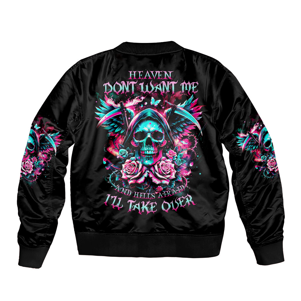 Rose Skull Bomber Jacket Heaven Don't Want Me And Hell's Afraid I'll Take Over - Wonder Print Shop