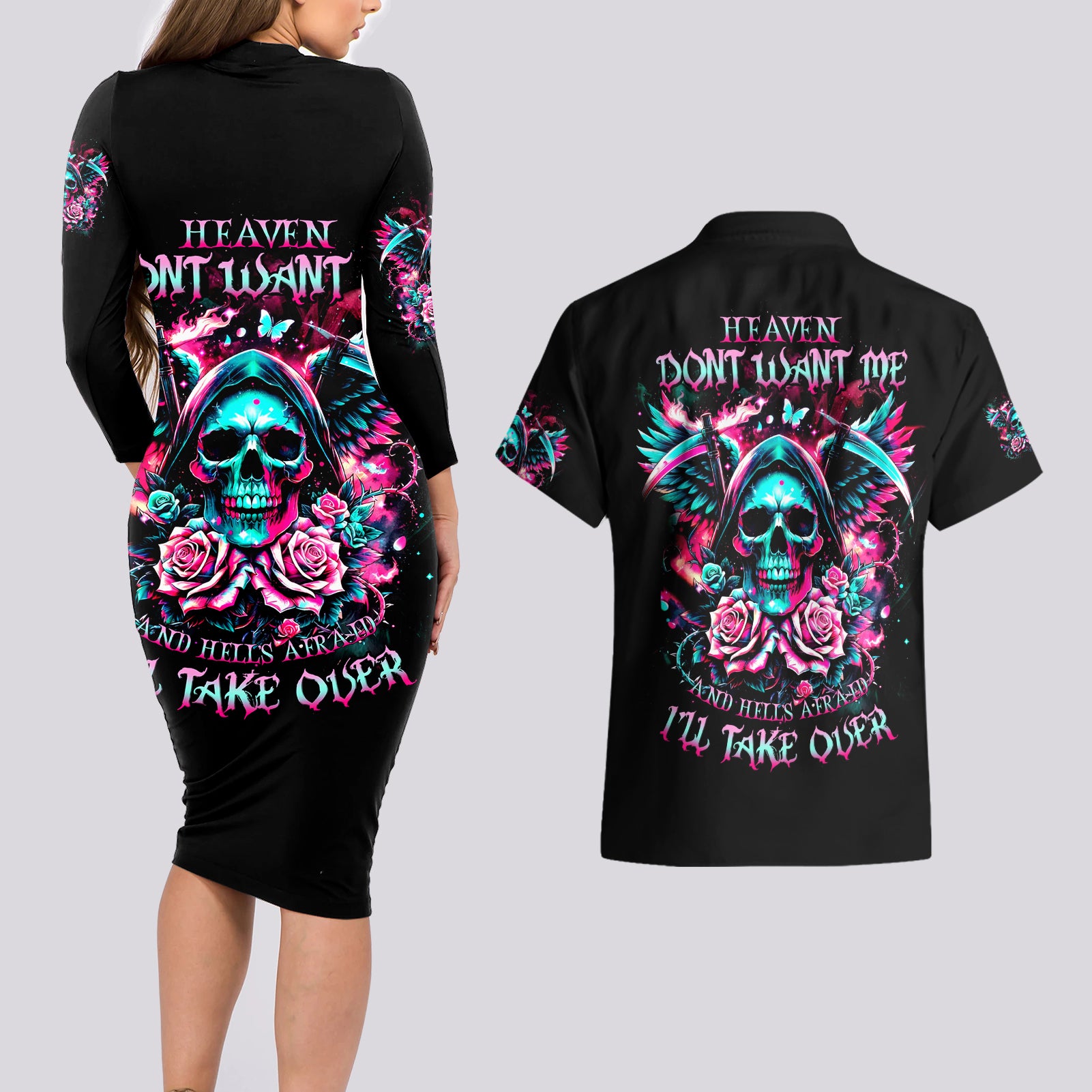 Rose Skull Couples Matching Long Sleeve Bodycon Dress and Hawaiian Shirt Heaven Don't Want Me And Hell's Afraid I'll Take Over - Wonder Print Shop