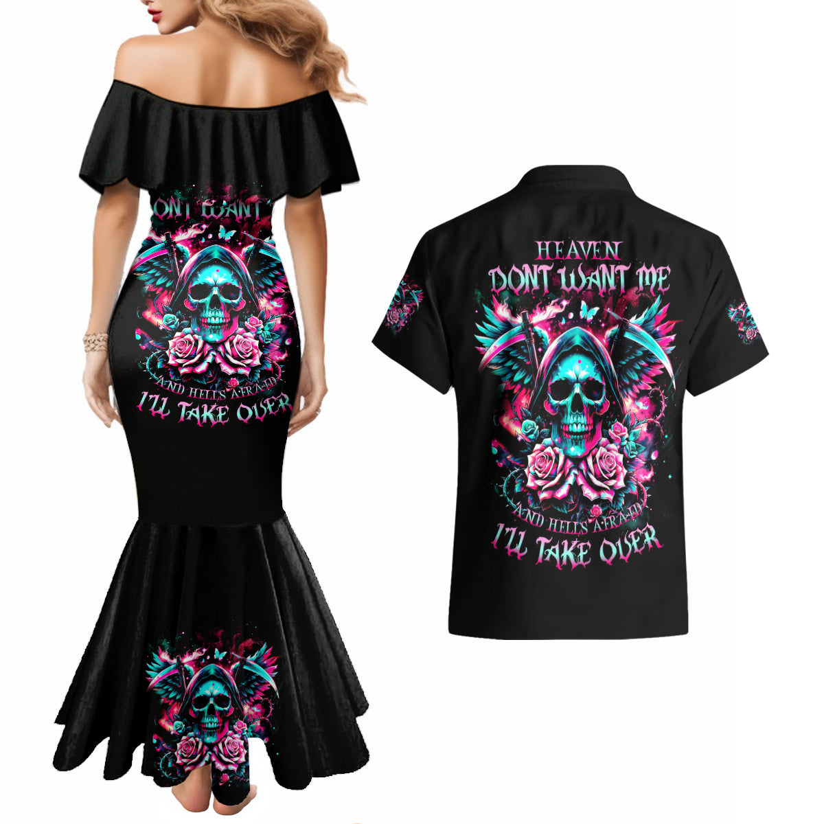 Rose Skull Couples Matching Mermaid Dress and Hawaiian Shirt Heaven Don't Want Me And Hell's Afraid I'll Take Over - Wonder Print Shop