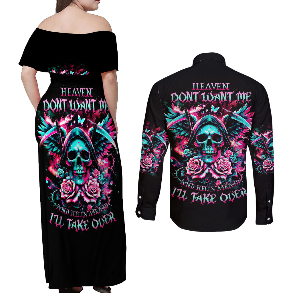 Rose Skull Couples Matching Off Shoulder Maxi Dress and Long Sleeve Button Shirt Heaven Don't Want Me And Hell's Afraid I'll Take Over - Wonder Print Shop