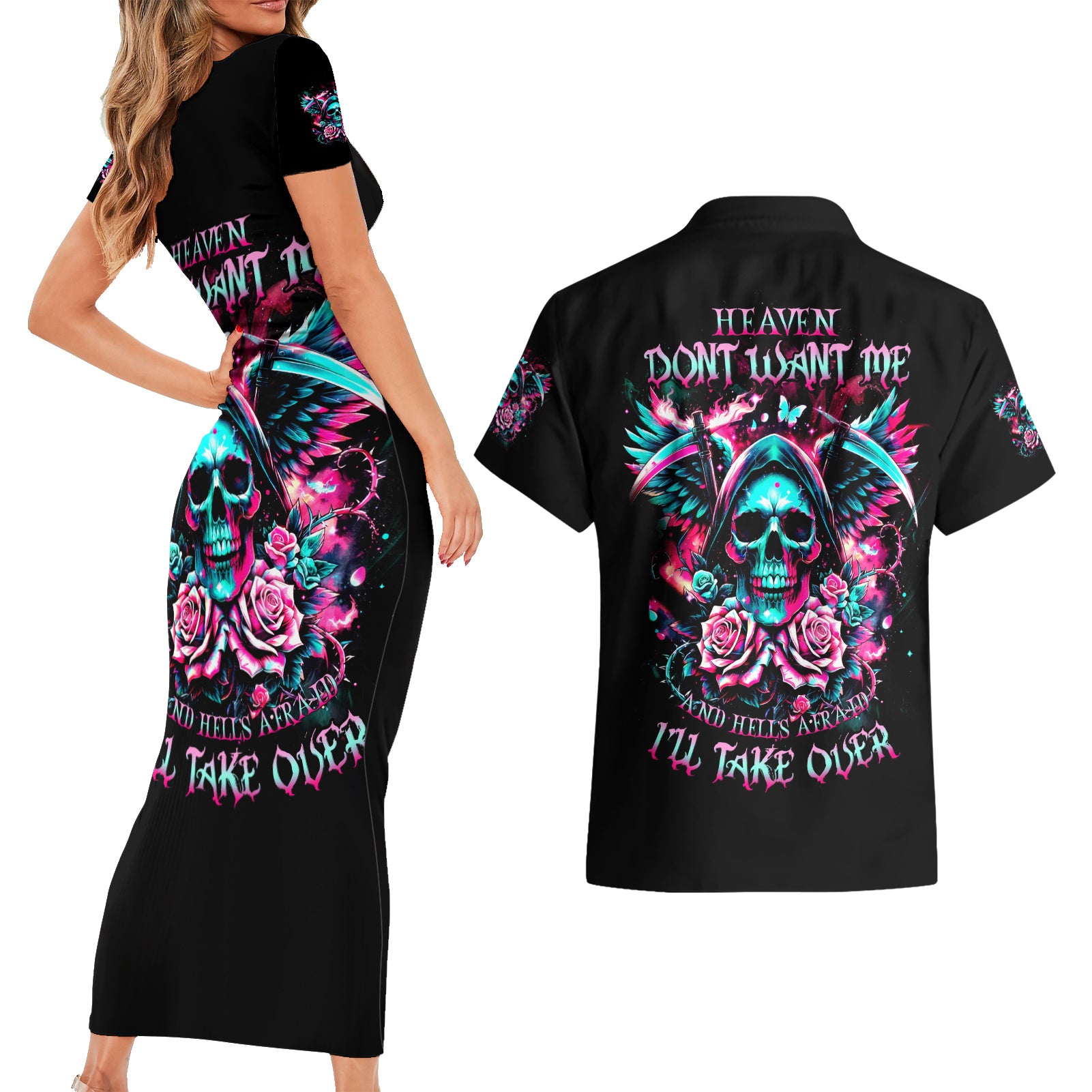 Rose Skull Couples Matching Short Sleeve Bodycon Dress and Hawaiian Shirt Heaven Don't Want Me And Hell's Afraid I'll Take Over - Wonder Print Shop