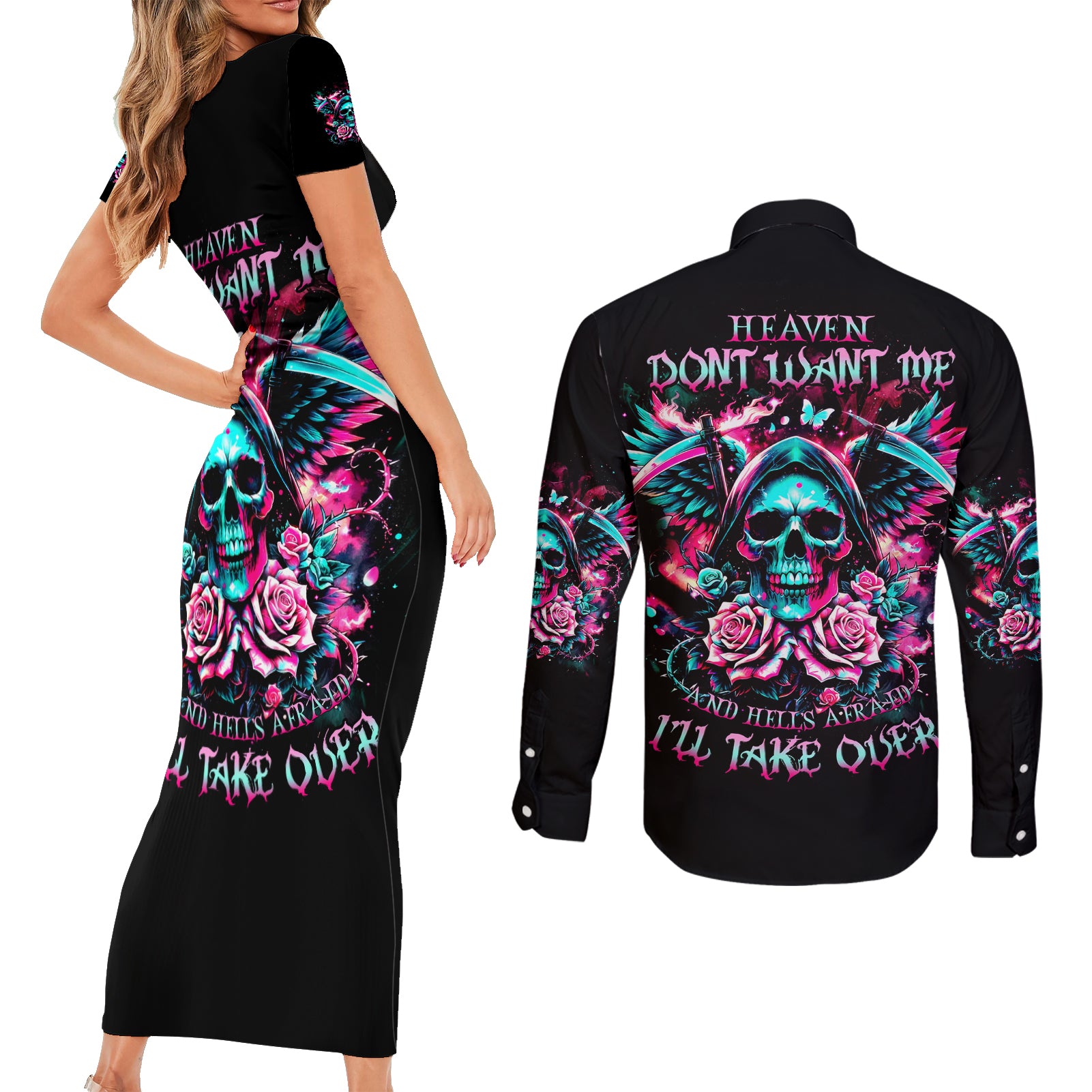 Rose Skull Couples Matching Short Sleeve Bodycon Dress and Long Sleeve Button Shirt Heaven Don't Want Me And Hell's Afraid I'll Take Over - Wonder Print Shop