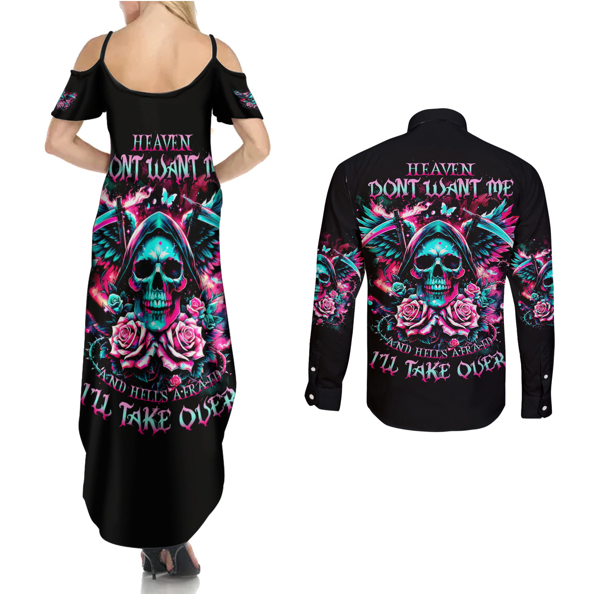 Rose Skull Couples Matching Summer Maxi Dress and Long Sleeve Button Shirt Heaven Don't Want Me And Hell's Afraid I'll Take Over - Wonder Print Shop